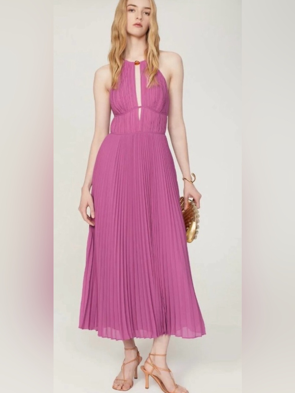 NWOT Jonathan Simkhai Carli Pleated Plisse Keyhole Midi Dress Pink Size 6.